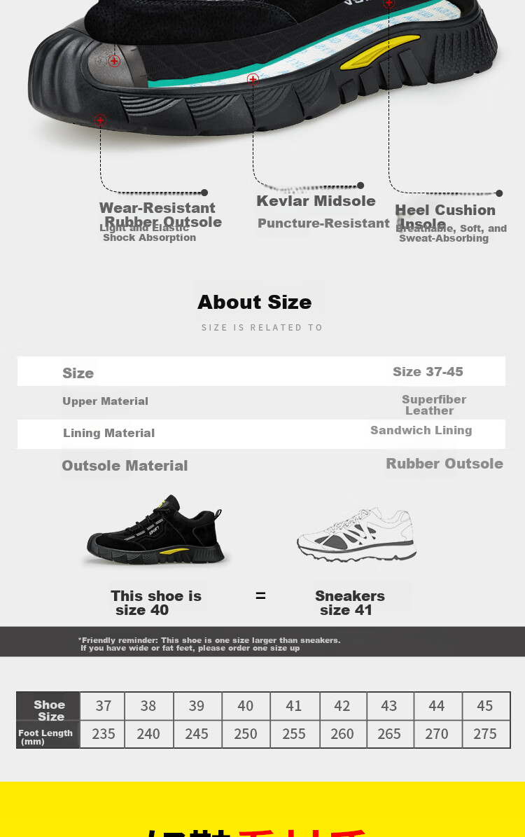 JUNBU Safety Shoes for Men with Steel Toe Cap, Anti-Smashing, Anti-Puncture, Lightweight, Comfortable, Wear-Resistant Construction Site Safety Work Shoes 0266BK Size 38 6