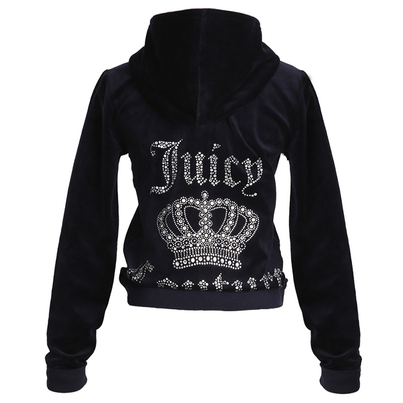 juicy couture 橘滋 藏蓝色钉珠皇冠图案天鹅绒连帽卫衣外套女 wtkt34