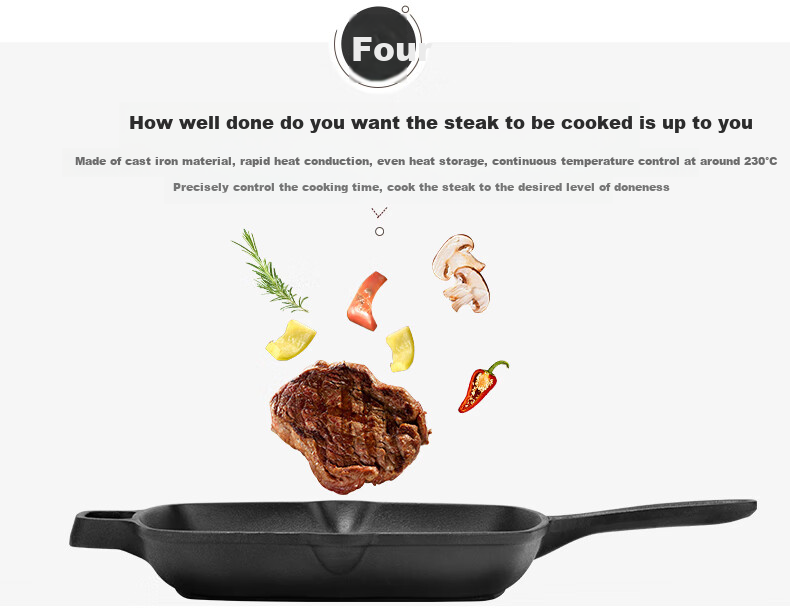 COOKER KING Steak Griddle, Flat-Bottom Pan, Healthy Non-Coated Thick Cast Iron Frying Pan, Steak Plate, Compatible with Induction Cooker, 26cm 6