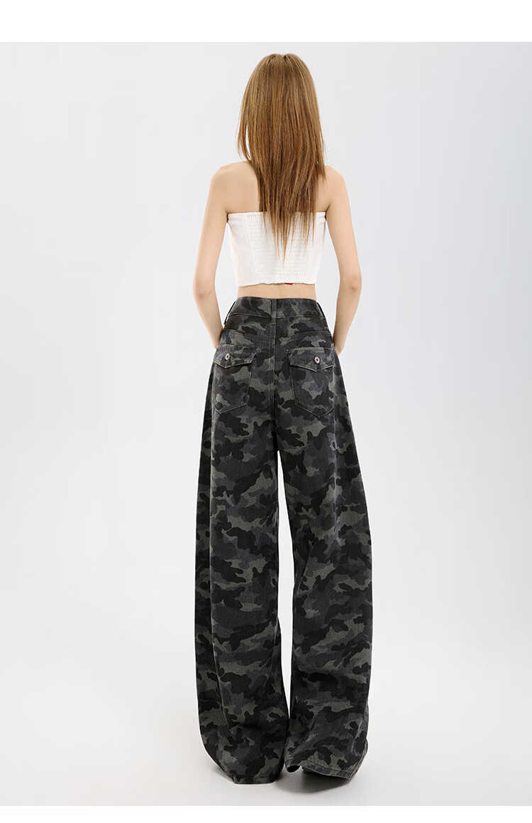 Free Style Camouflage Wide-Leg Denim Jeans for Women 2025 Autumn New American High Street High Waist Slim Loose Straight-Leg Floor-Length Pants 2
