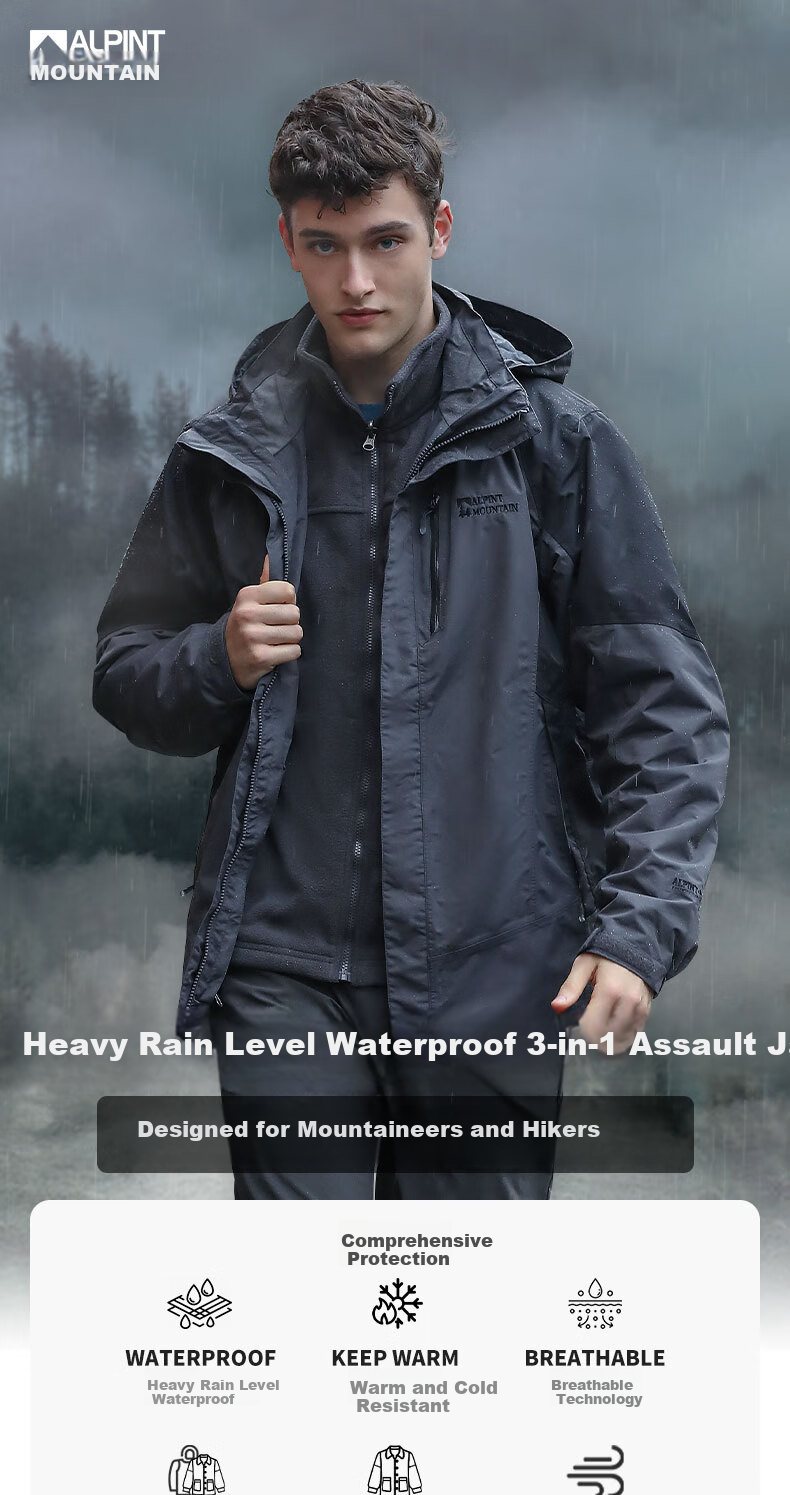 ALPINT MOUNTAIN Men's Mountaineering Jacket, Autumn And Winter New Outdoor Three-In Fleece-Lined Thickened Winter Coat, Women's Inner Liner 1