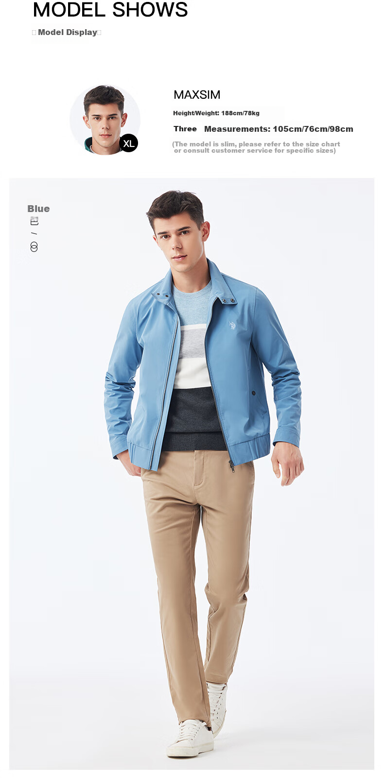 U.S. POLO ASSN. Mall-Matching Jacket for Men, Business Casual Stand-Collar Coat, Middle-Aged Men's Outerwear, Blue, 3XL 8
