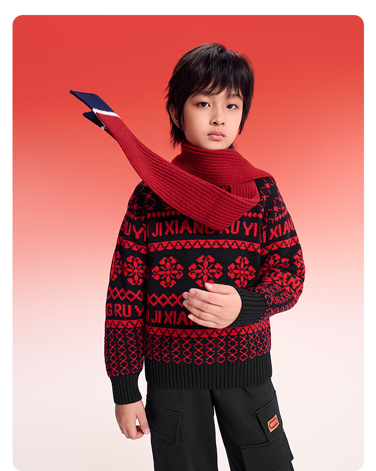 Balabala Kids Red Sweater Boys Girls Crew Neck Fair Isle Knit New Year Greeting Pullover 6
