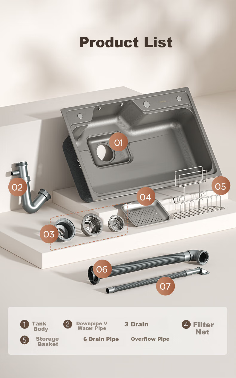 ARROW Kitchen Sink Gunmetal Gray Large Single Bowl, 304 Stainless Steel Vegetable Washing Basin, Dishwashing Sink, Integrated Basi 26