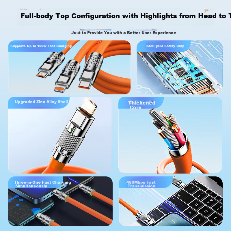 OKSJ [High-Quality Silicone] Data Cable, Three-In Charging Cord, One-To Head, 6A Fast Charging 100W Car Charger, Multifunctional Android Type-C Adapter for Huawei/Apple Honor Phones 1