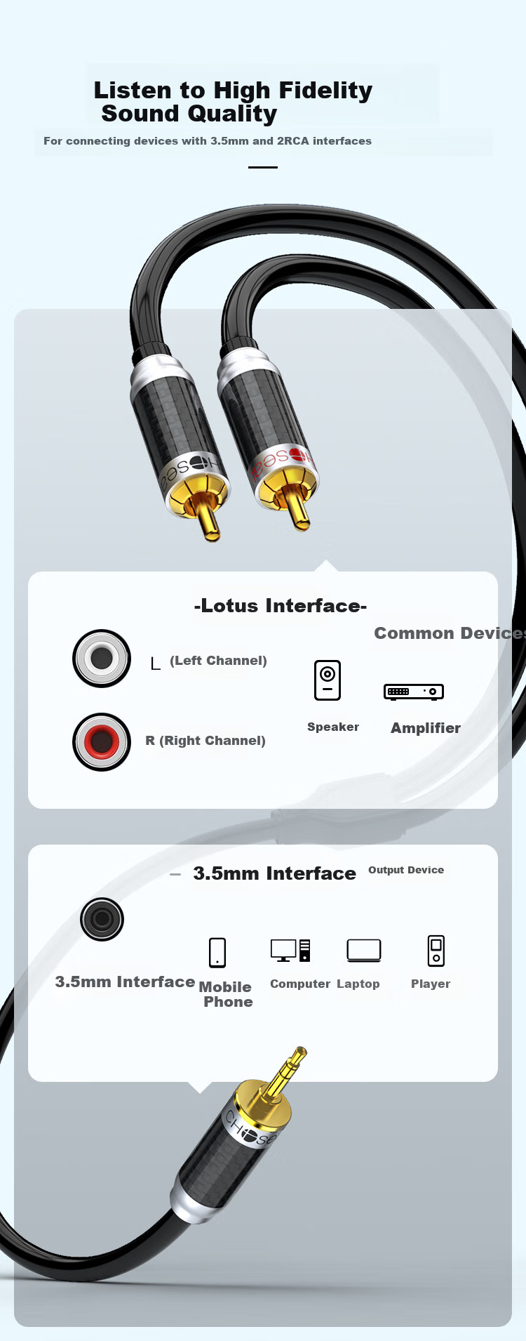 CHOOSEAL (CHOSEAL) 3.5mm to 2RCA Dual RCA, Audiophile-Grade Single Crystal Copper Audio Cable, HiFi Lossless Sound Quality, Phone TV Amplifier Speaker Cable, 5 Meters, QS9908T5 4