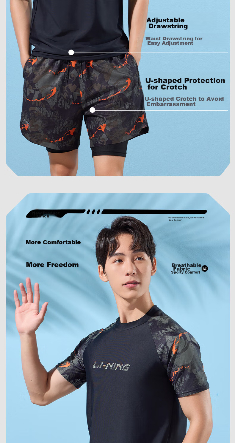 Li-Ning Men's Swim Trunks, Double-Layer Anti-Embarrassment Swimwear Set, Comfortable High-Elasticity Water And Land Dual-Use Two-Piece Set, 86-33 Black And Gray, XL 9