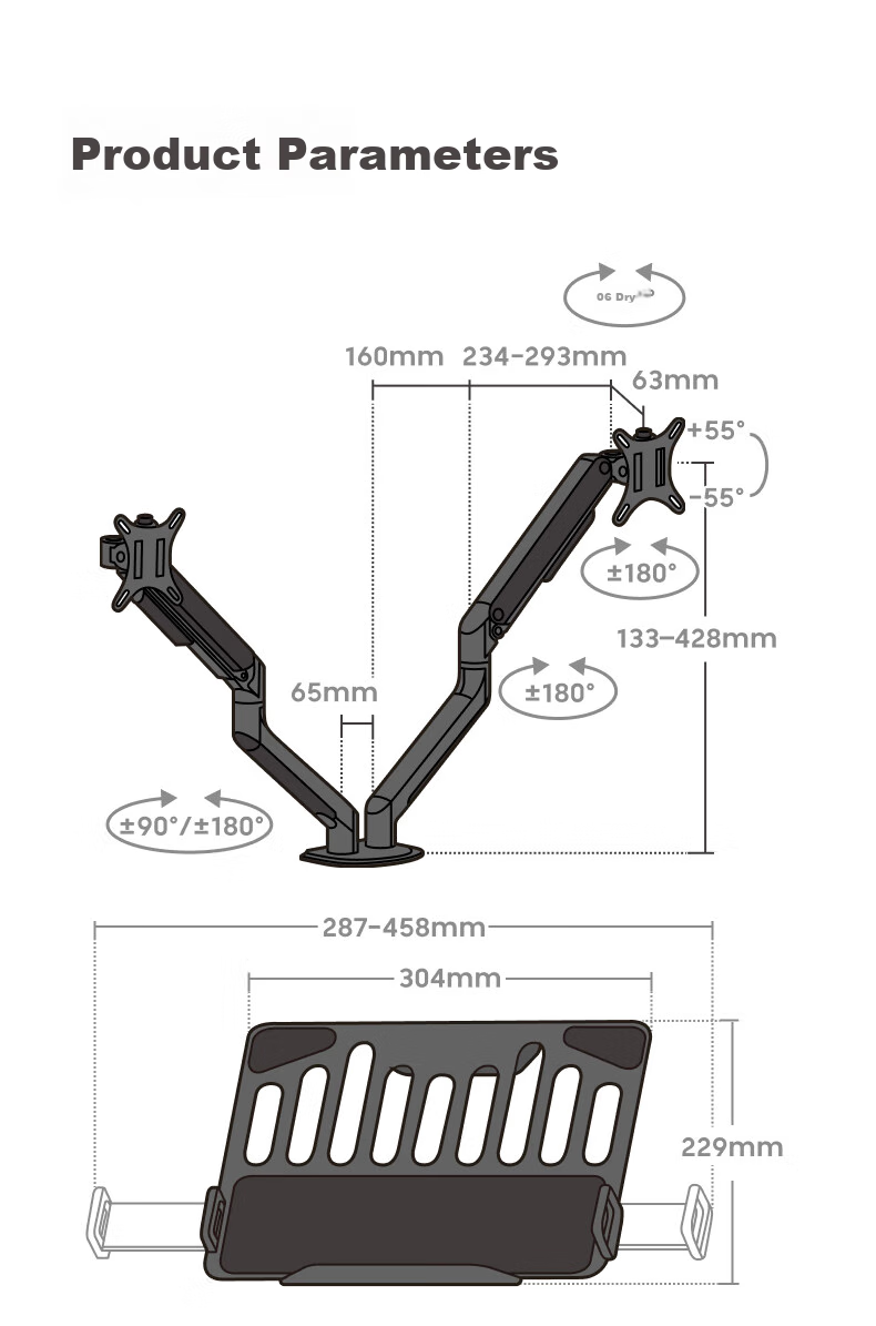 Brateck Beihu Laptop Stand, Multi-Screen Extension for Laptops, Mechanical Arm with Dual Screens, Display Stand E350-2+APE40 Meteor Gray 11