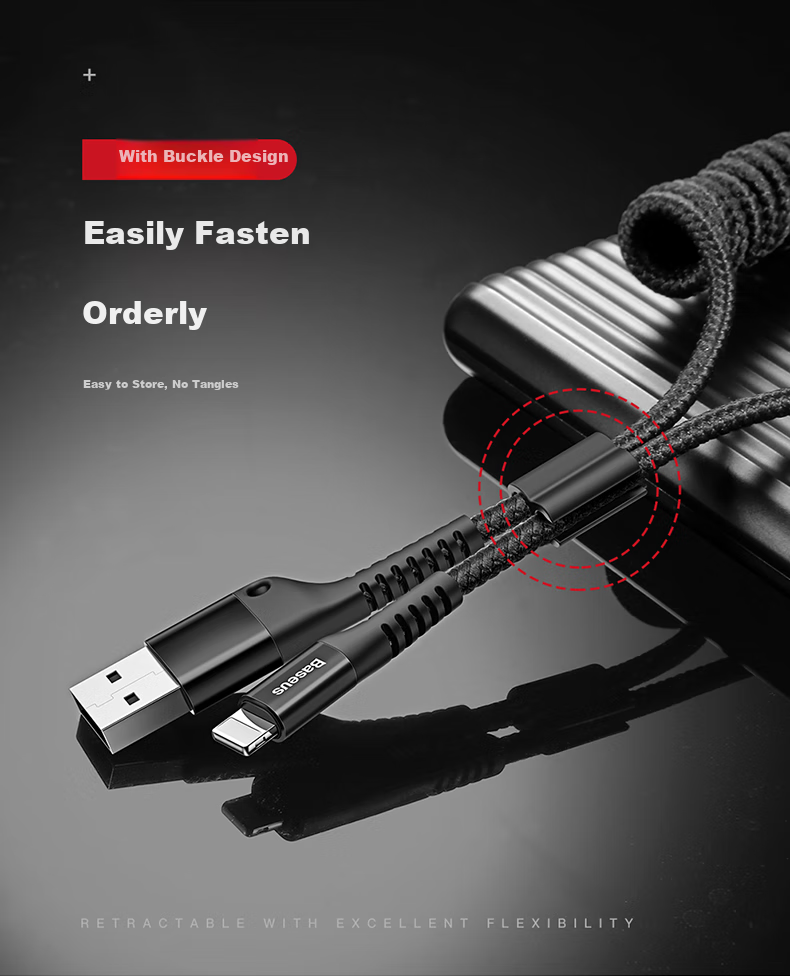 Baseus Apple Data Cable, Spring Retractable Car Phone Charging Cable, Portable Car Charger, Suitable for IPhone14/13/12/11/8Plus/X/iPad/Air/Pro, 1 Meter 5