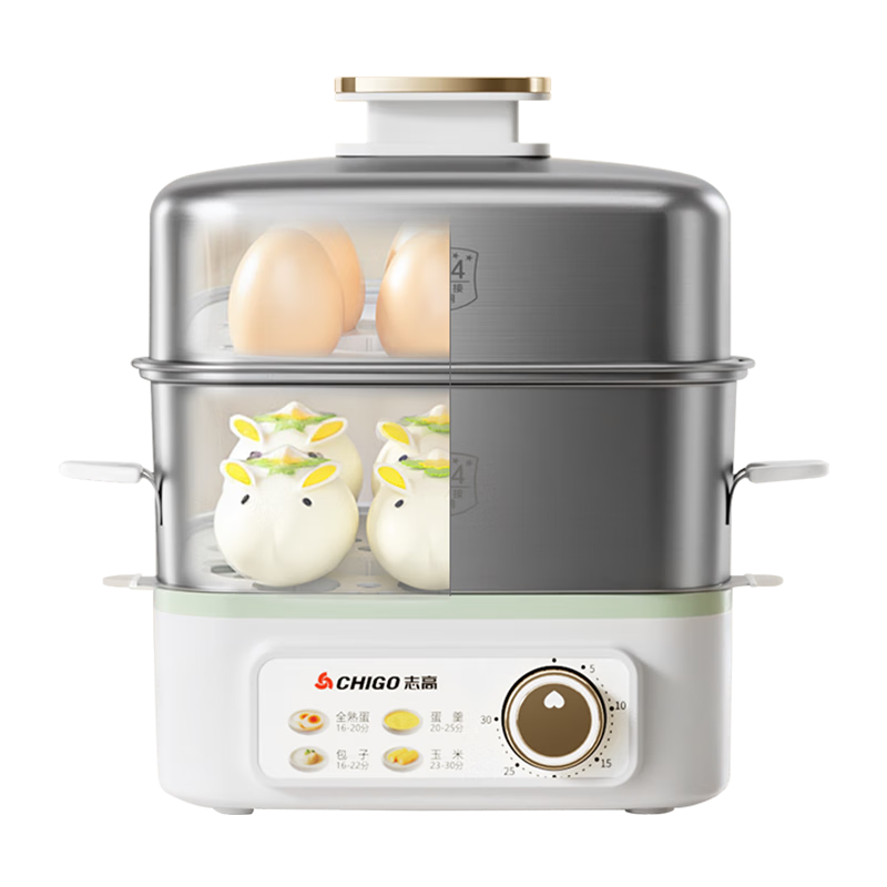 CHIGO Egg Cooker Steamer Knob Timer Auto Power Off 2026 Model Double Layer Stainless Steel Non-stick Mini Electric Steamer Cooker