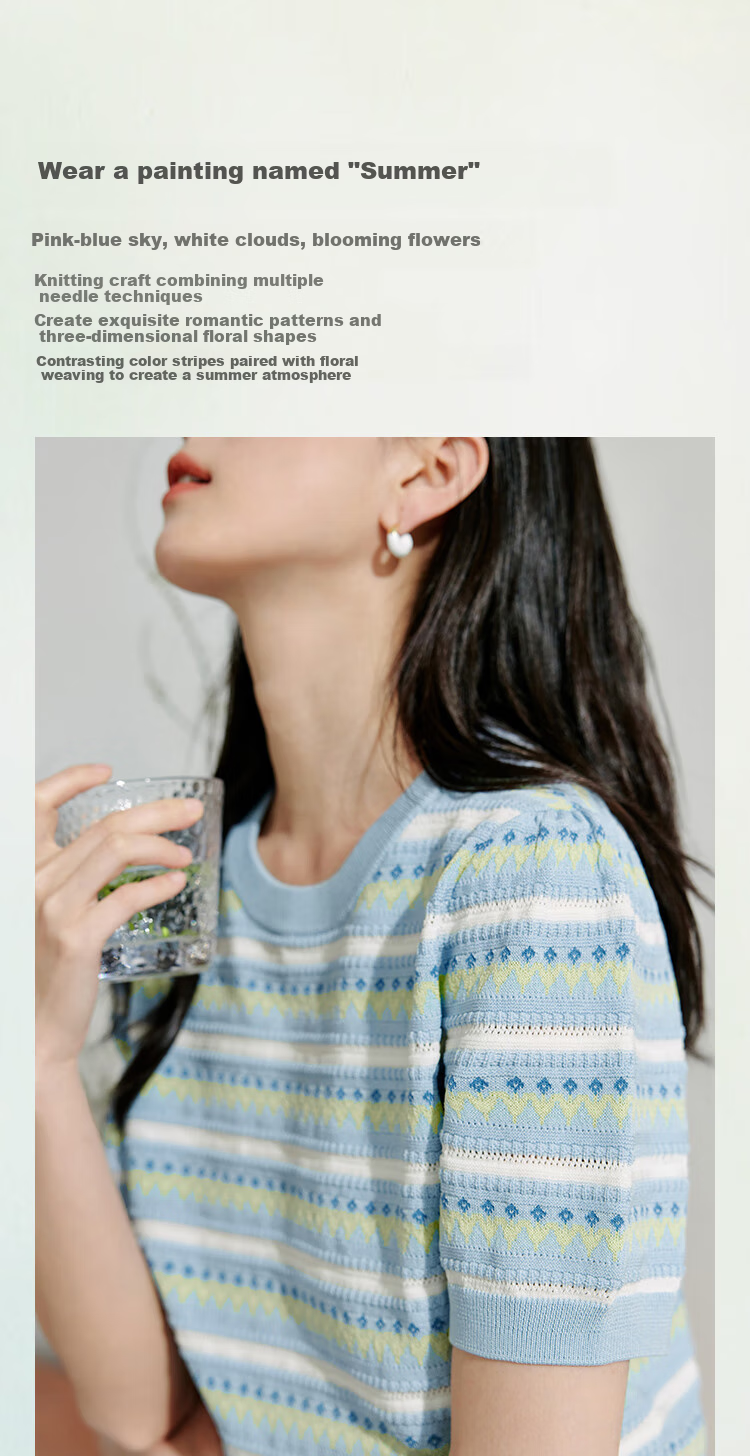 INMAN [Showroom Style] Suoluna Cool-Feeling Striped Short-Sleeve Women's Top, Summer 2026 Knitted Sweater, Yellow, Size L 2