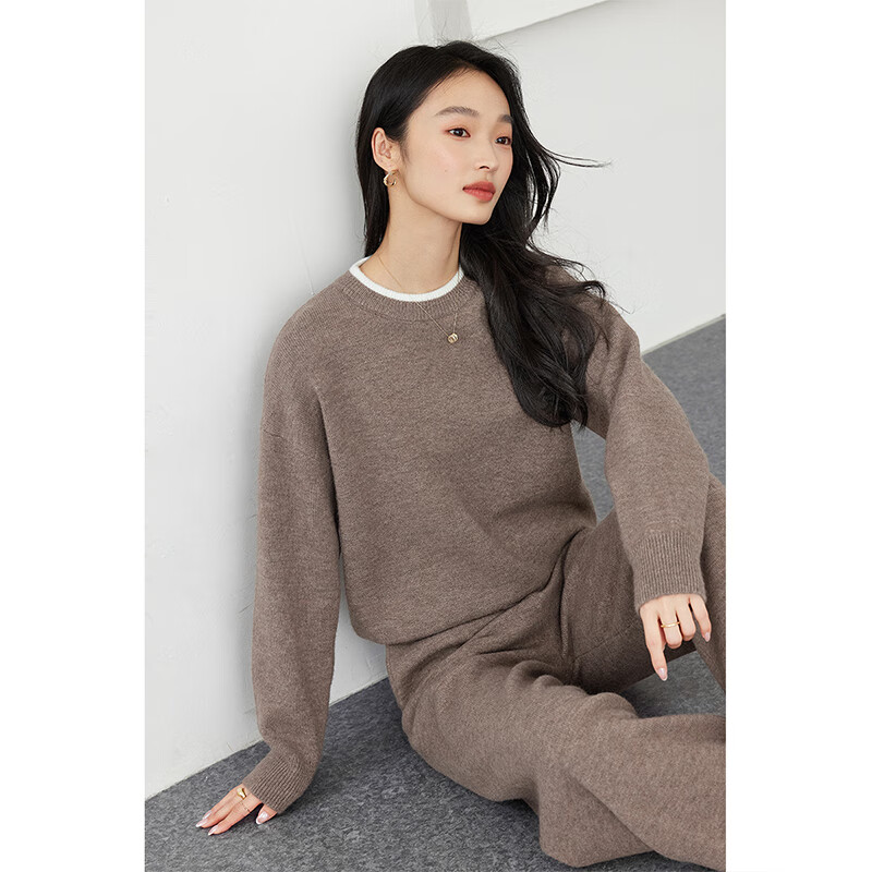 FANXIMAN Premium Wool Blend Knit Set Women Autumn New Top and Wide-Leg Pants Set Oatmeal M
