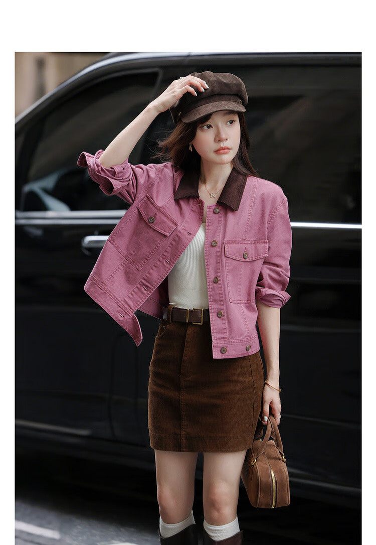 Mt Rose Wild Autumn American Vintage Cotton Color-Block Lapel Loose Short Women's Denim Jacket 2