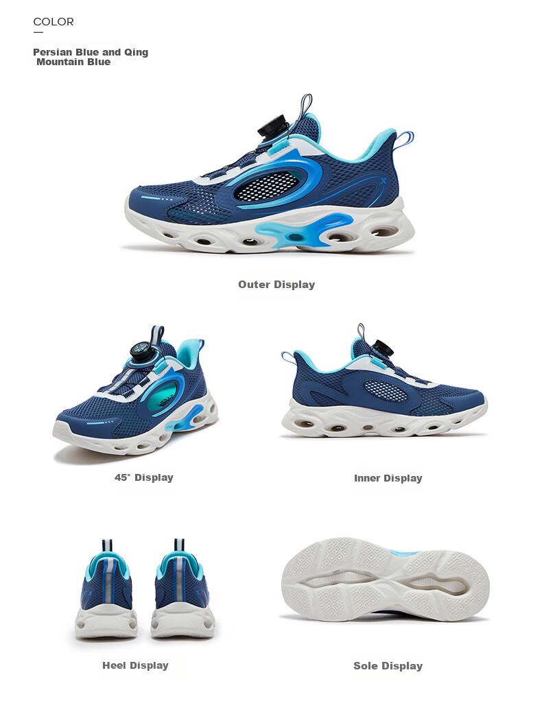 XTEP Children's Shoes for Boys, Hollow Frame Breathable Rotating Buckle Running Shoes, Black/New White/Clean Blue, Size 37 8
