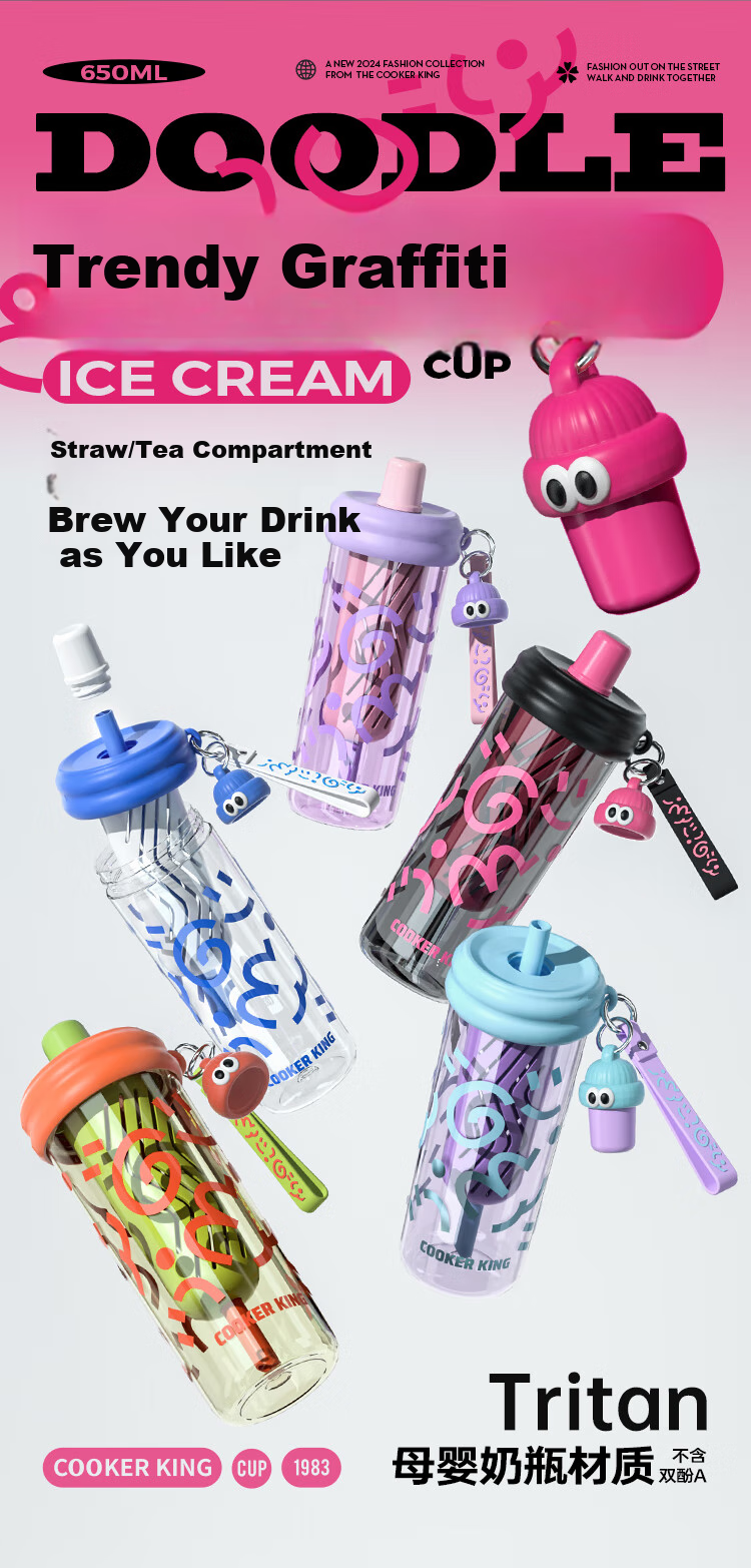 COOKER KING Tritan Plastic Cup with Straw, Shatterproof Tea Compartment, Detachable Portable Large Capacity Water Bottle, Blue-Purple, 650ml 1