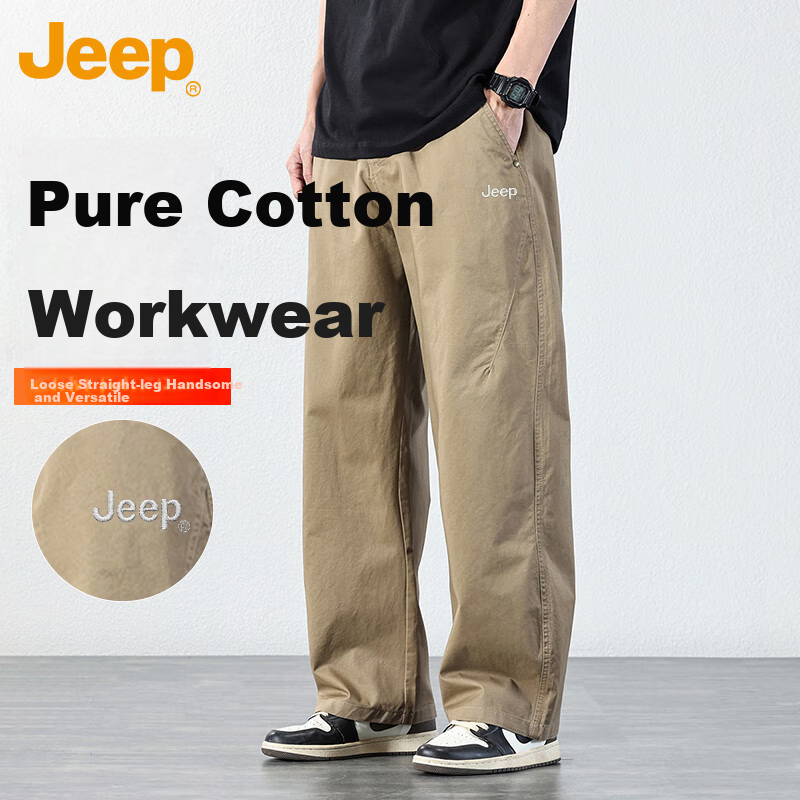 JEEP Casual Pants for Men, Spring And Summer Straight-Leg Loose Pure Cotton Cargo Pants, Trendy Men's Trousers, Khaki Color, Size 34