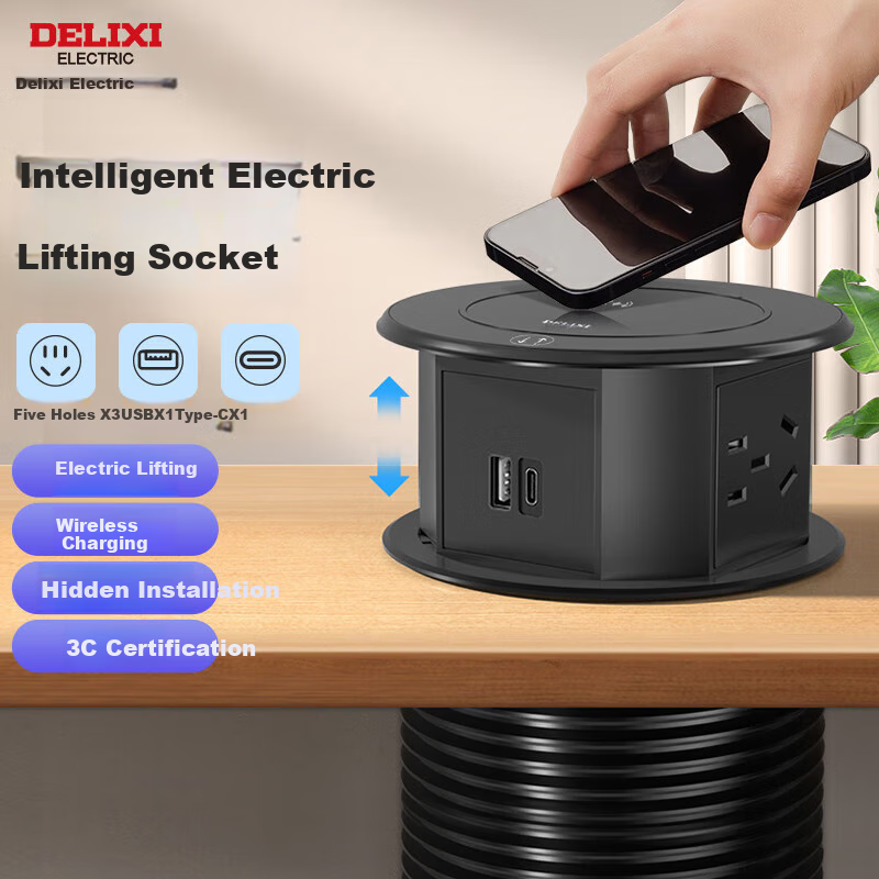 DELIXI Recessed Power Socket with Wireless Charging And Smart Electric Lift, Suitable for Kitchen Countertops And Conference Rooms, 3 Outlets with Five Holes + 1A1C, No Switch