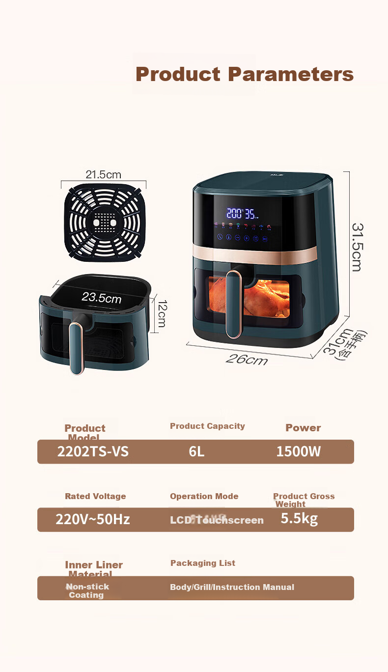 SHANBEN Air Fryer, 5L Capacity, Fully Automatic, Large Capacity, Visible Metal Inner Chamber, Steam Tender Frying And Baking All-In Machine, Quiet Operation, Oil-Free Cooking, S-AK8045VS 18