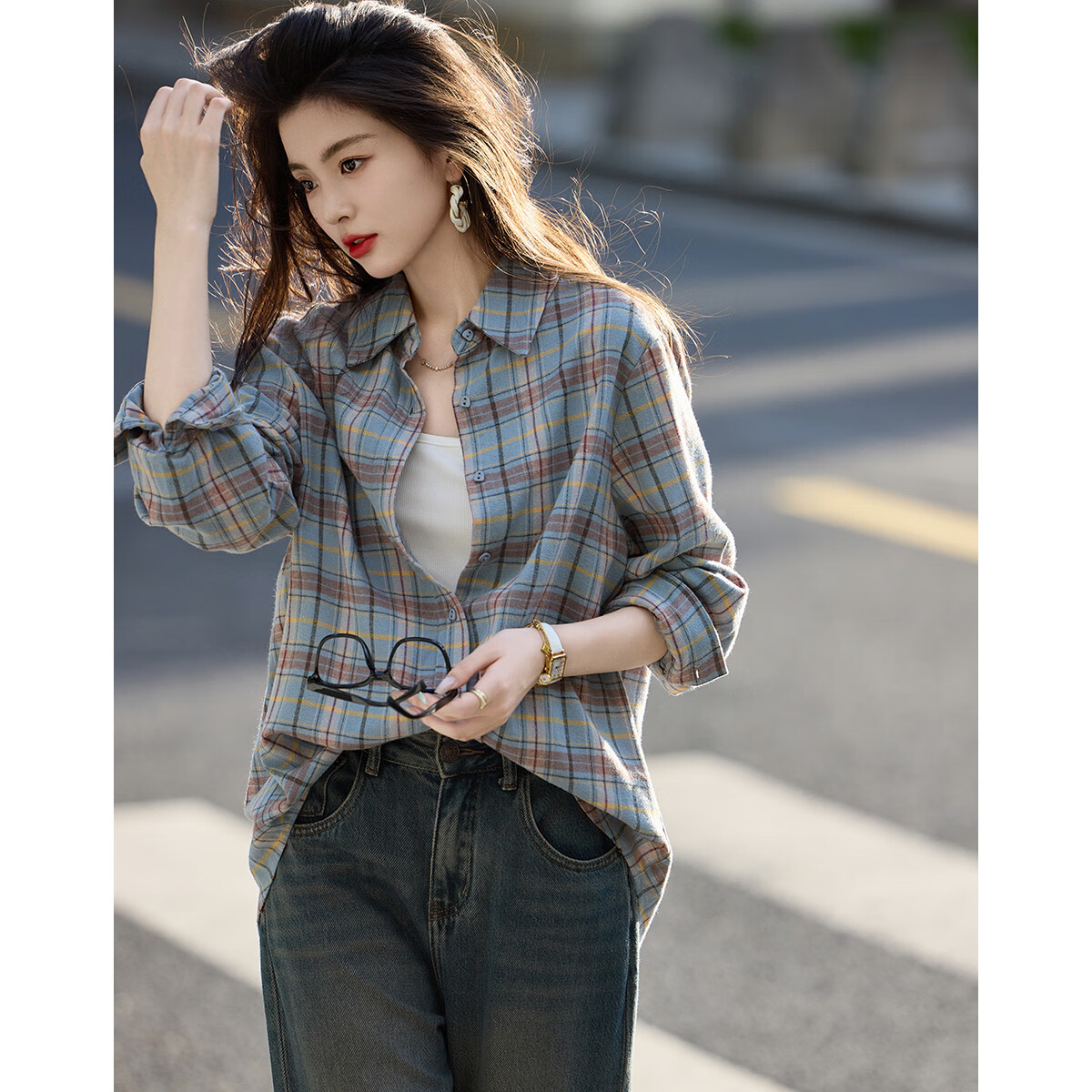 Dme [Intellectual] Spring Autumn Breathable Pure Cotton Retro Plaid Shirt Comfortable Slimming Women's Blouse