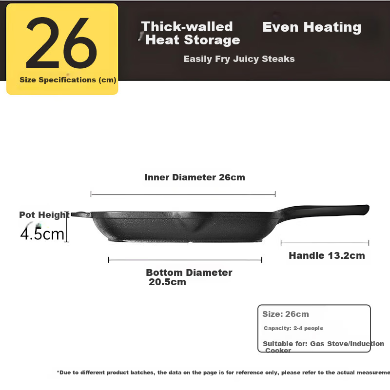 COOKER KING Steak Griddle, Flat-Bottom Pan, Healthy Non-Coated Thick Cast Iron Frying Pan, Steak Plate, Compatible with Induction Cooker, 26cm