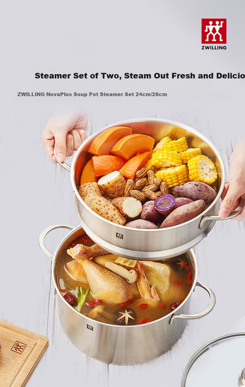 ZWILLING Double-Layer Stainless Steel Steamer Pot, Soup Pot, Steaming Basket, Fish Steamer, Bun Steamer, Large Capacity 28cm, Dishwasher Safe 2