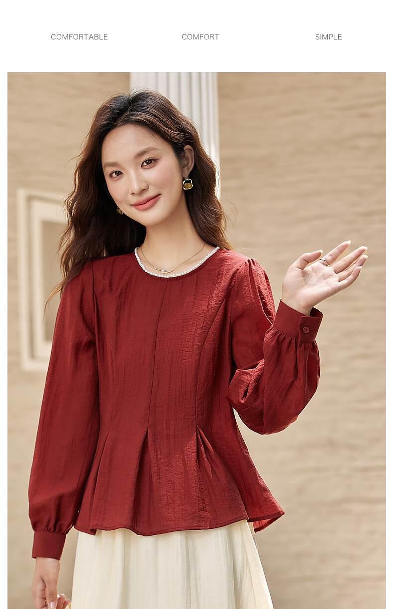 Fansiman Elegant Women's Autumn Set New Round Neck Top Waist Slimming Skirt Two-Piece Set Red Apricot Color S 8