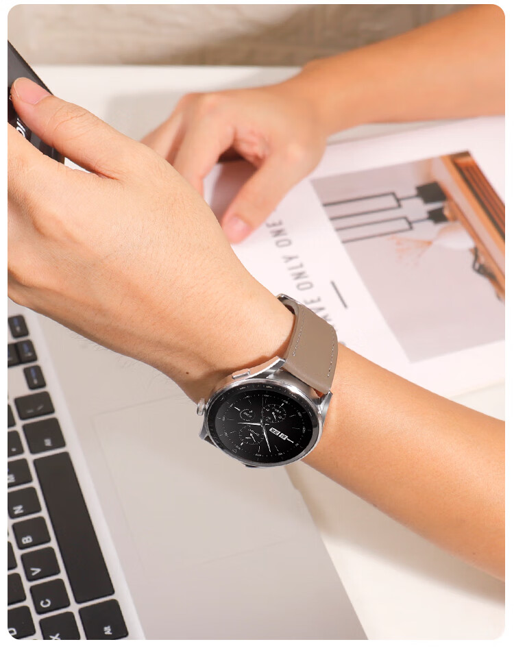 MSSM Suitable for Huawei Watch Strap, Compatible with Watch5/Gt5/Gt5pro/Gt4/Watch4pro/Gt3, Push-Button Buckle Genuine Leather Strap, 48/46 Dial - Elephant Gray 22MM 12