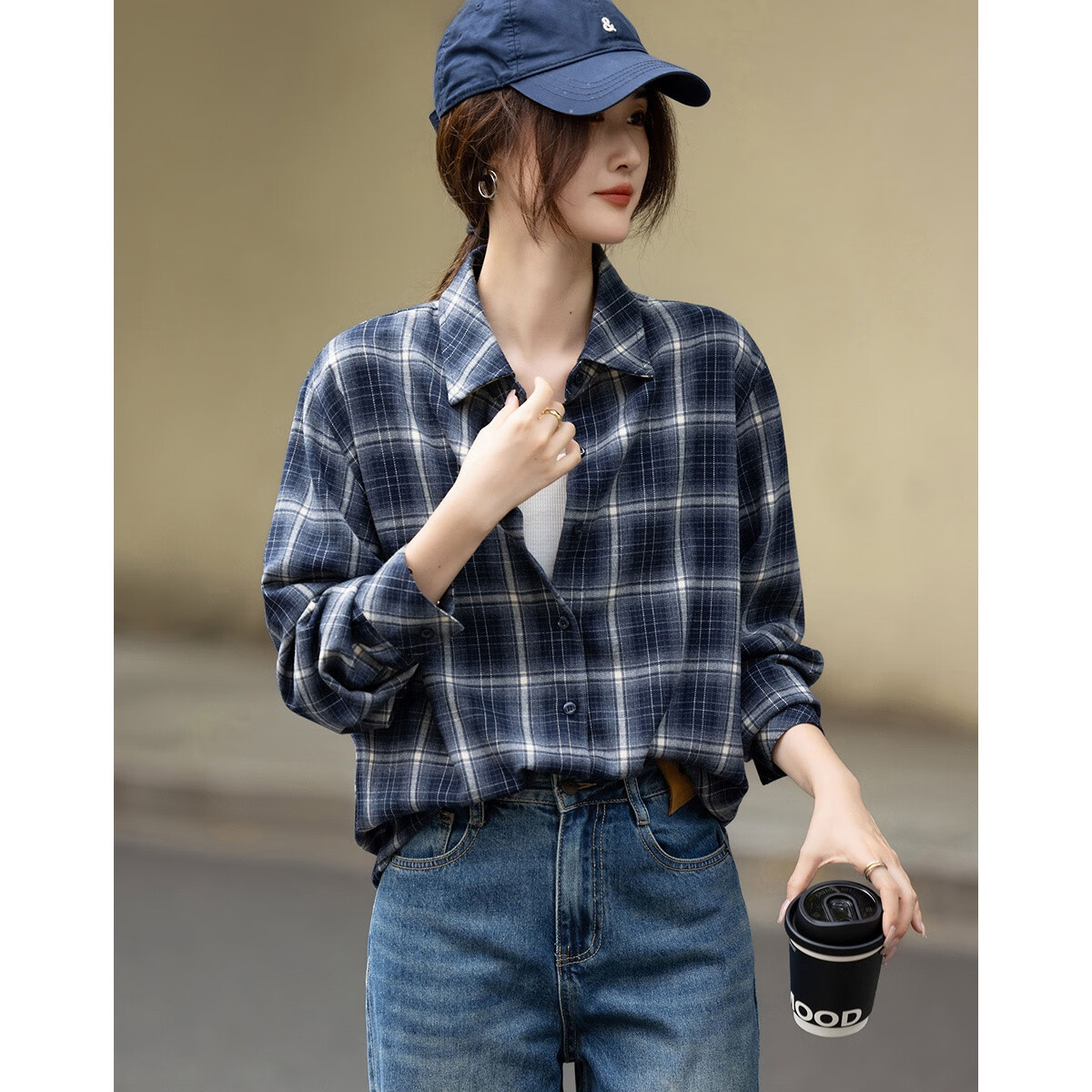 Demana [Smart Sense Academy] Autumn Korean Style Plaid Lapel Long Sleeve Shirt Loose Fit Drop Shoulder Petite Women's Top
