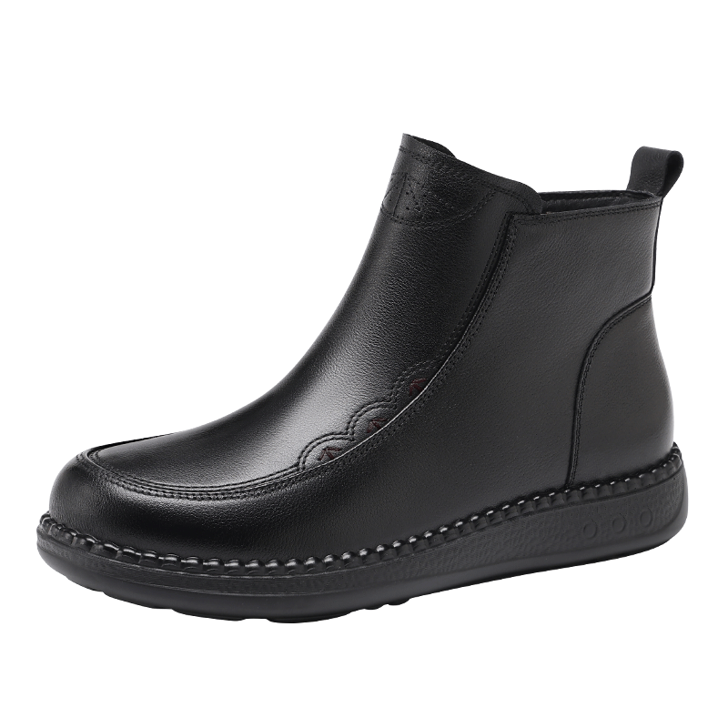 Red Dragonfly Women's Autumn Winter Lightweight Short Boots Fleece Lined Warm Thick Sole Flat Middle-aged Cotton Boots WTC457391H Black Size 38