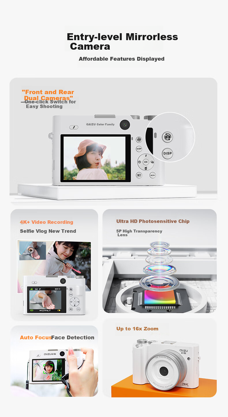 CAIZU C8 Dual Rear And Front Camera 6400W Pixel Entry-Level Mirrorless Camera for Students, Vlog Digital Camera, 4K Video Alternative to CCD Card Camera, Birthday Gift Present 2
