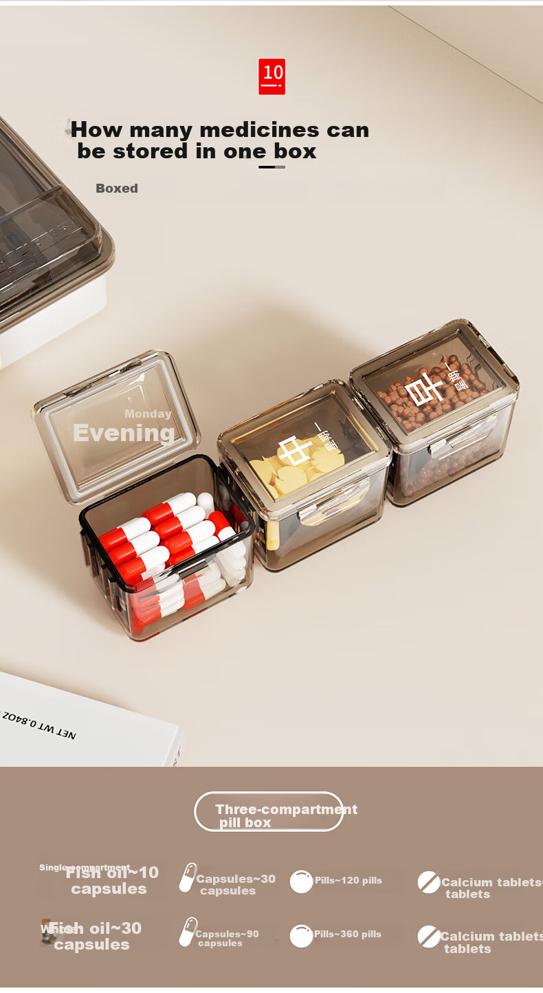 KATEI STORY Pill Box Divider, Seven-Day Morning/afternoon/evening Portable Sealed Moisture-Proof PP Material, Tea-Colored for Elderly Medication Use 12