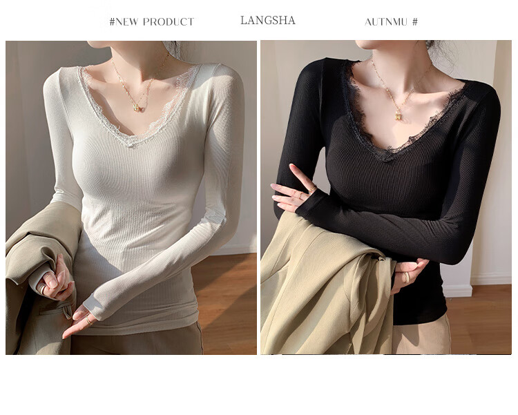 LangSha Women's Ribbed Long Sleeve T-Shirt Slim Fit Base Layer Bra-Free Spring Autumn Top 4