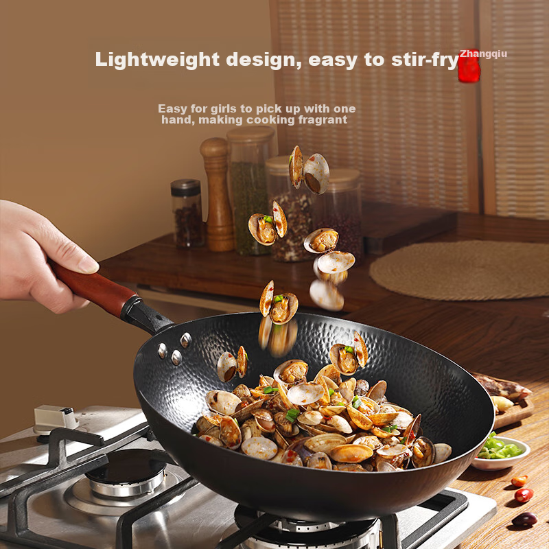 Jincun Iron Wok, Uncoated Stir-Fry Pan, Round Bottom Non-Stick Cast Iron Pan for Home Cooking, Pre-Seasoned, 30cm