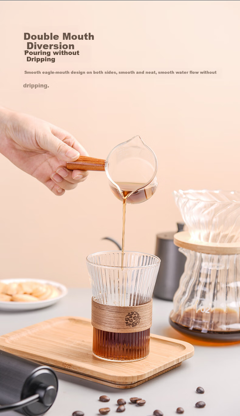 CLITON Japanese Style Wooden Handle Glass Milk Jug Heat-Resistant Measuring Cup Latte Art Cup with Scale Single Spout Milk Pitcher 75ml 4