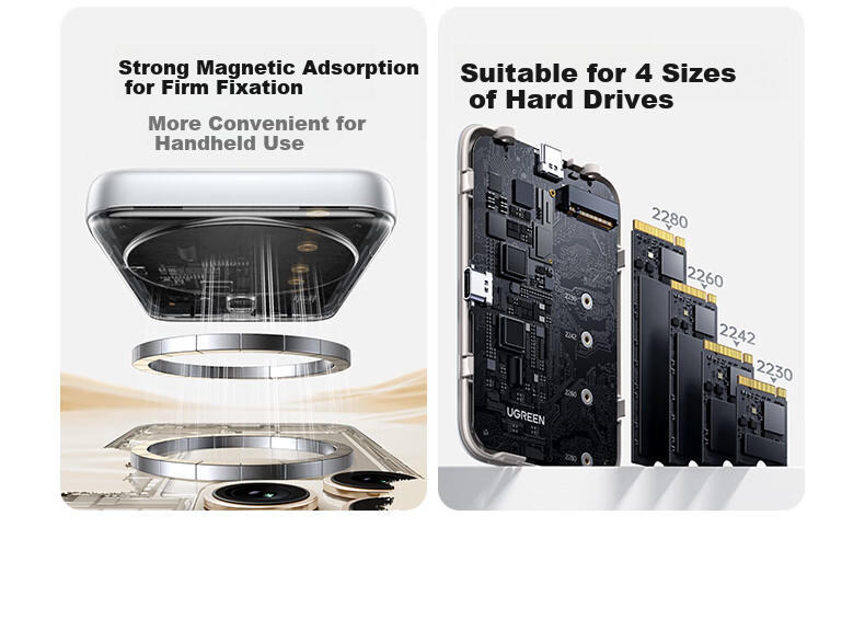 UGREEN Magnetic Hard Drive Enclosure 2230/2280 M.2 NVMe Portable SSD Enclosure Compatible with IPhone 17 Pro, Laptop MacBook External SSD Expansio 4