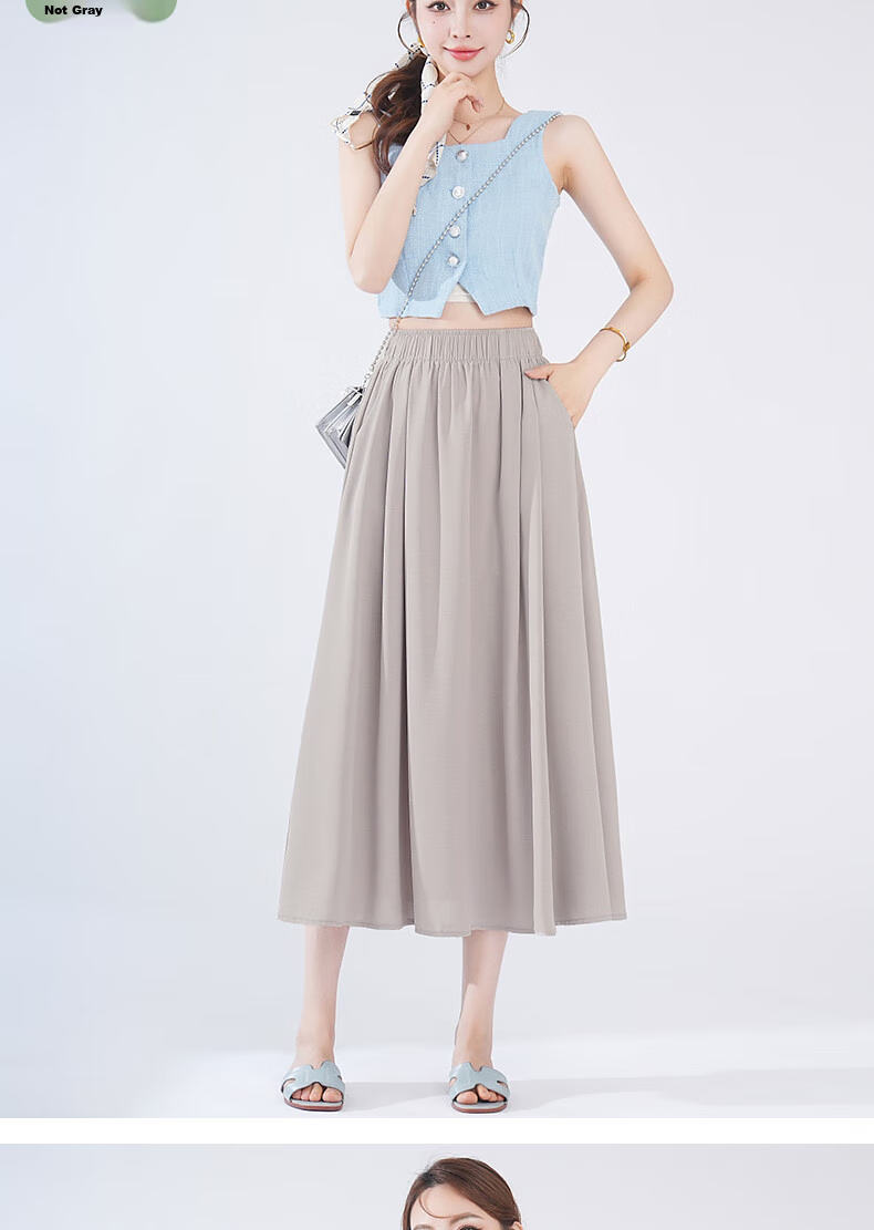 LangSha Ice Silk White Midi Skirt for Women, 2025 New Summer Thin Cool A-Line Skirt, Slimming Versatile Mid-Length Skirt 15