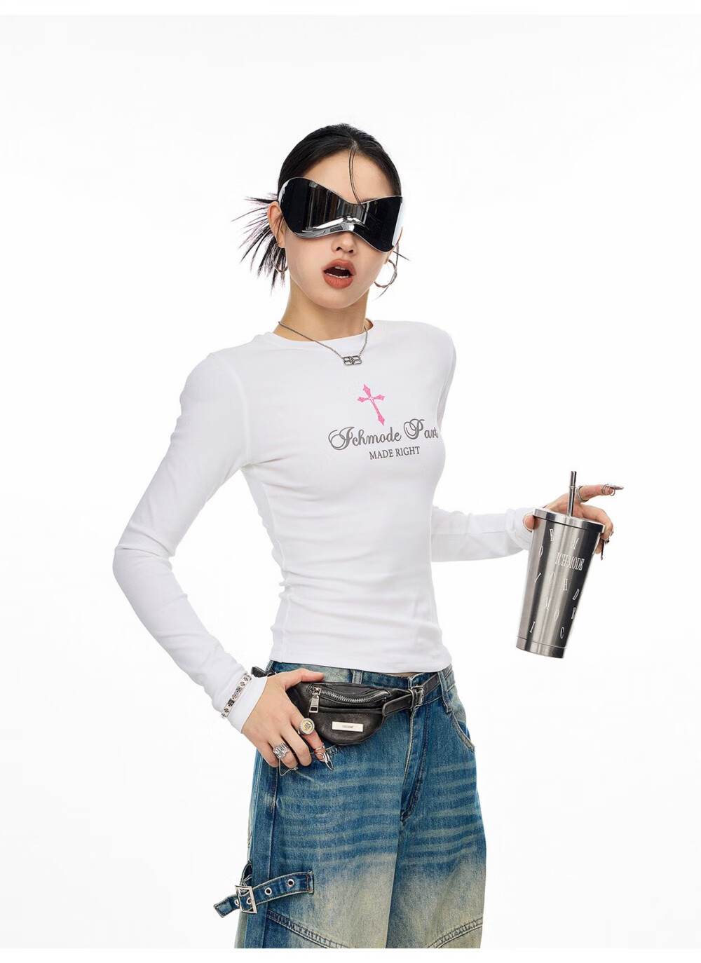 ICH MODE American Style Cross Shoulder Long Sleeve T-Shirt Women Spring Summer New Slim Fit Off-Shoulder Top White S 13
