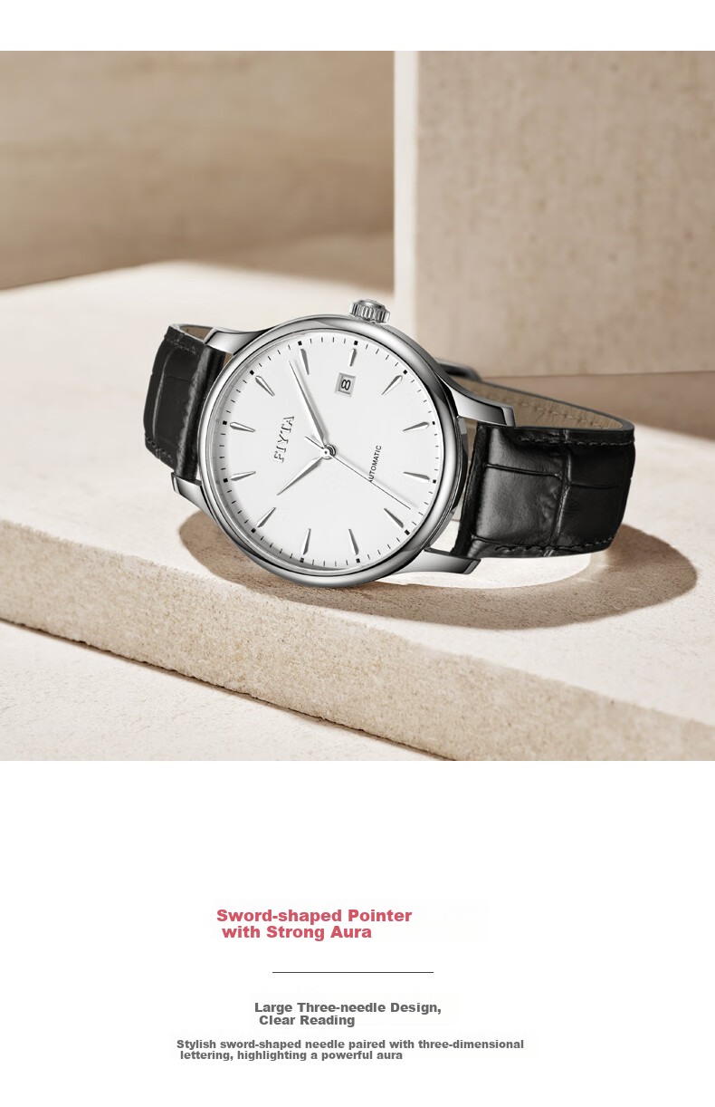 FIYTA Classic Series, Calendar White Dial with Black Leather Strap, Automatic Men's Mechanical Watch, Business Casual Style, Holiday Gift for Me 3