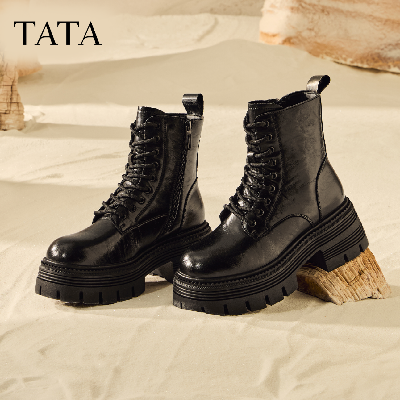 TATA TATA Patrol Star Women's Boots Work Boots Black Layered Martin Short Boots Black 36