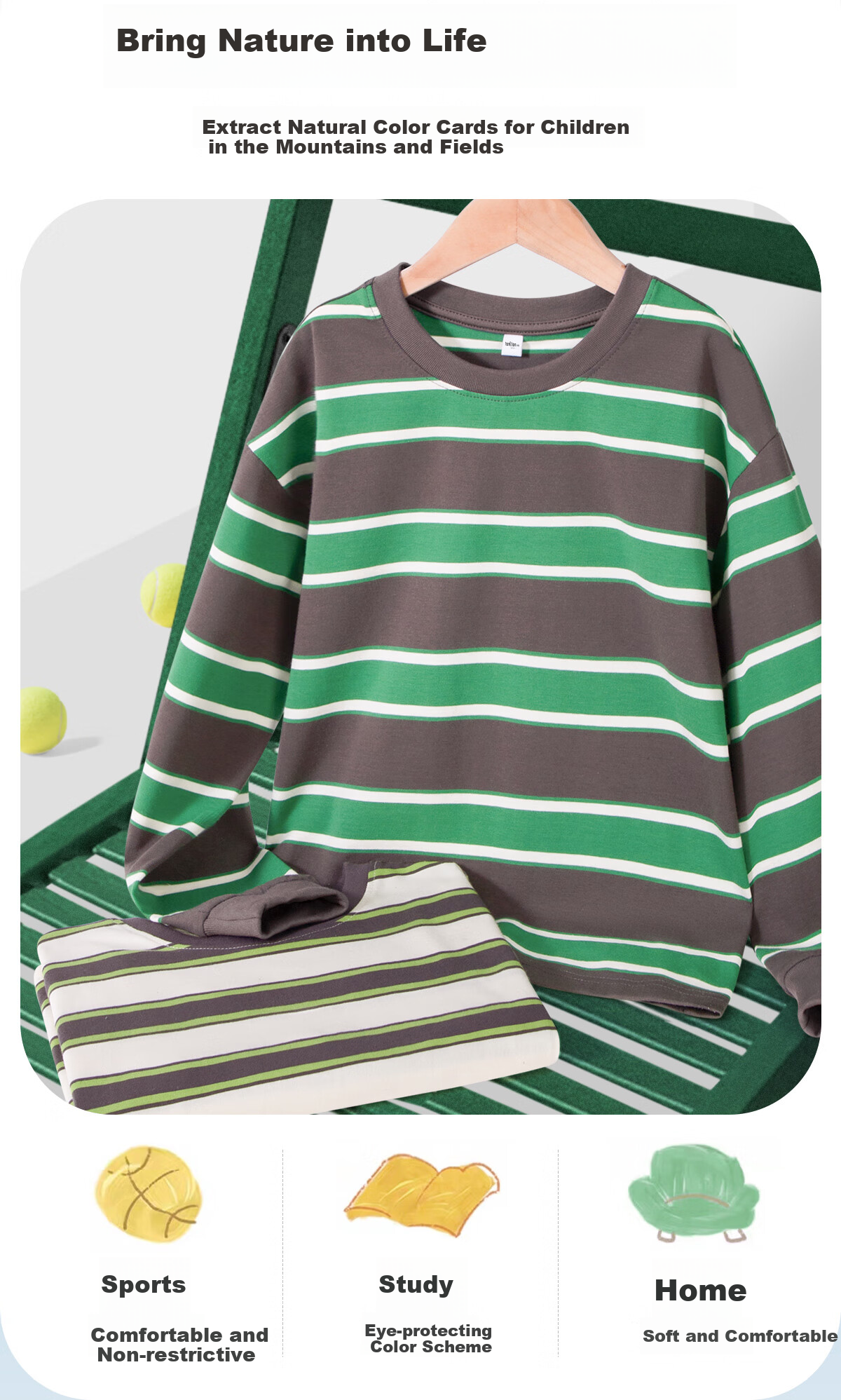 TonLion Boys' Long-Sleeve T-Shirt, Spring And Autumn Thin Style, Casual Top for Older Children, Spring Striped Undershirt, Apricot Green, Size 160 8