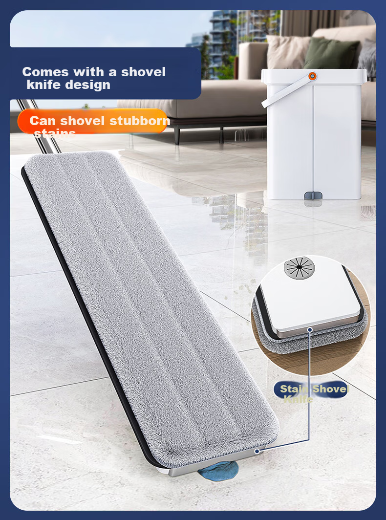Jiabangshou Flat Mop with Scraper, 33cm Handle, 124cm Total Length, 2 Pieces with Mop Head And Bucket, All-In No-Hand Washing Tool 17