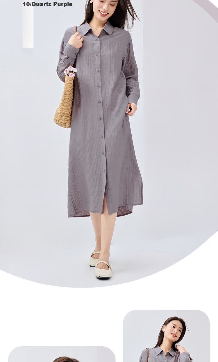 Giordano Women's Dress, 2026 Spring New Style, Side Slit with Subtle Stripes, Long-Sleeve Shirt Dress for Women, 05465070 13