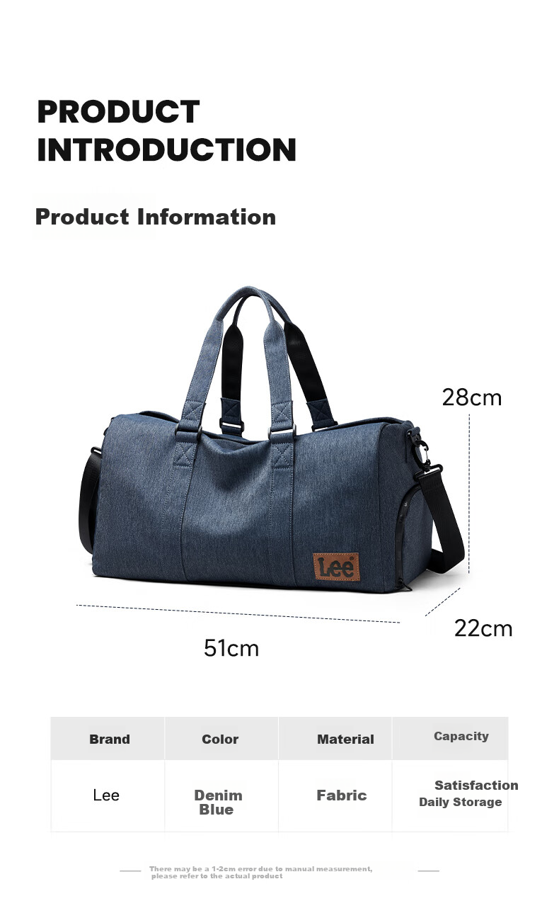 Lee Travel Bag, Large Capacity for Women, Short-Trip Travel Luggage for Men, Sports Fitness Swimming Bag, Denim Blue Large Size 2