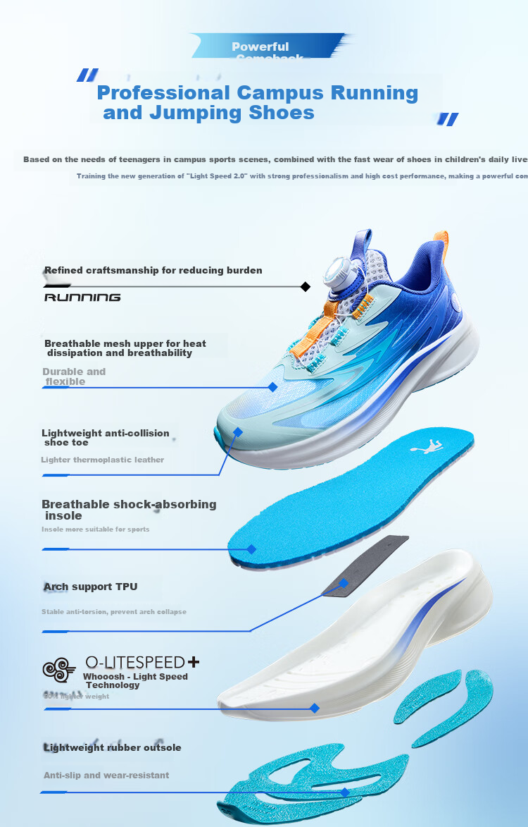 QIAODAN Boys' Running Shoes for Children, Summer 2026 [Light Speed] Dial-Lock Breathable Sneakers, Smart Blue, Size 40 11