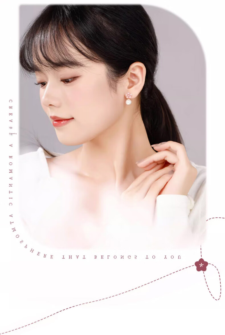Zhoubaifu Cherry Blossom Pearl Earrings for Women, Elegant Silver Studs, Birthday Gift for Girlfriend Or Wife 5