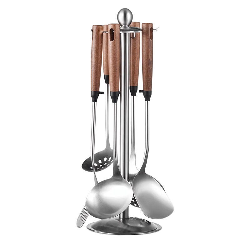PAKCHOICE 304 Stainless Steel Kitchen Utensil Set with Walnut Color Long Handles, 6-Piece Cooking Spoon, Spatula, and Soup Ladle Set