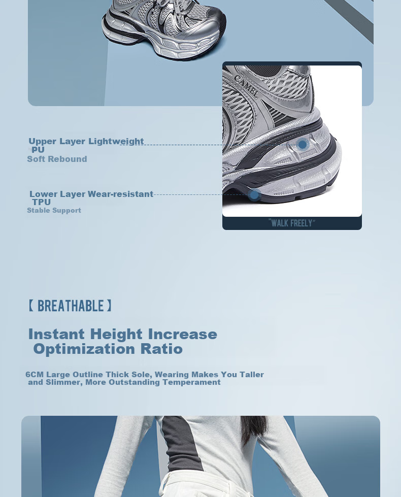 CAMEL [Dilireba's Same Style] Silver Moon 2nd Generation Dad Shoes Women Casual Shoes L25A283148 Gray/Silver 36 16