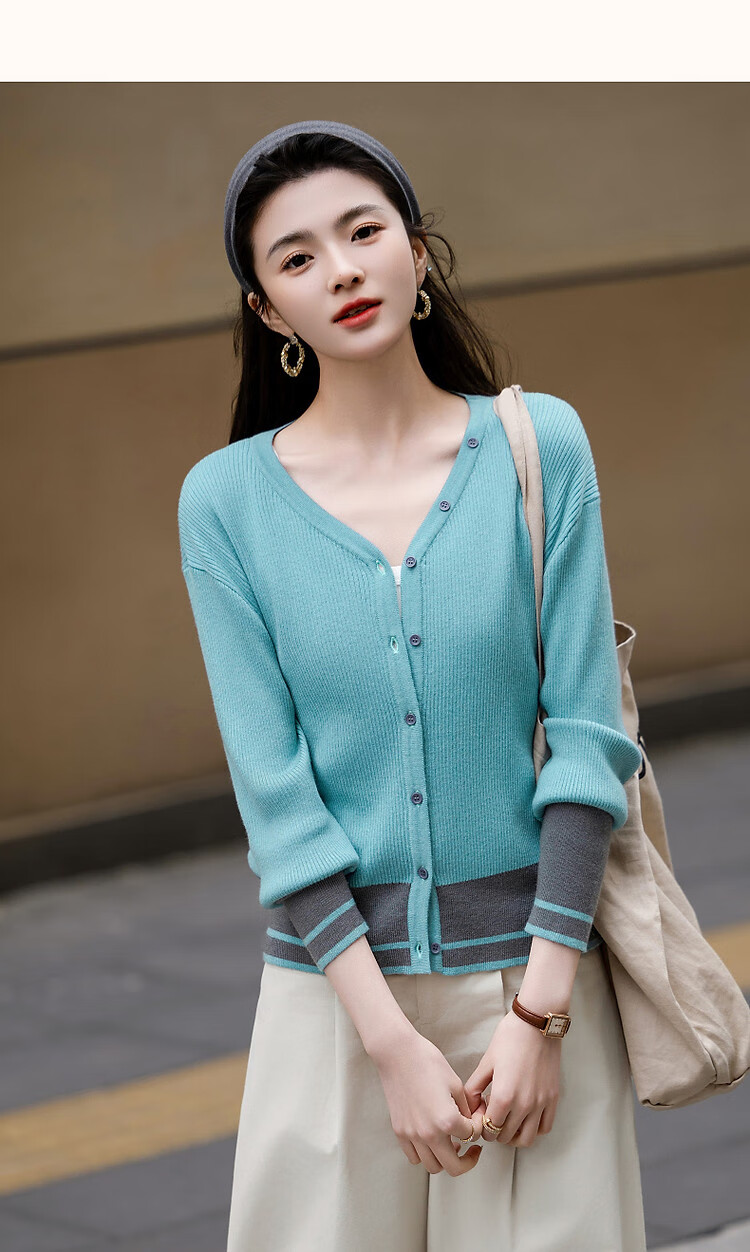 Demana Soft Wool Blend Spring Autumn Gentle V-Neck Colorblock Cardigan Drop Shoulder Knit Top for Women 8