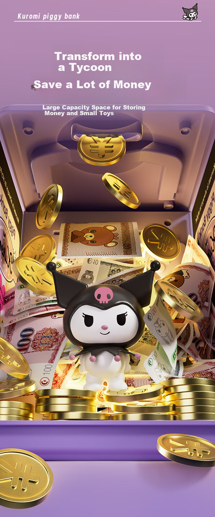 KUROMI Sanrio Melody Piggy Bank Children's Toy with Realistic Fingerprint Recognition, Savings Bank for Girls Aged 5-14 Birthday Gift 8