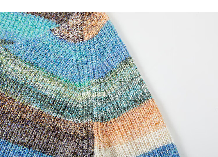 Demana Autumn Sweet V-Neck Color-Block Striped Loose Fit Knit Sweater with Fluffy Wool for Women 3